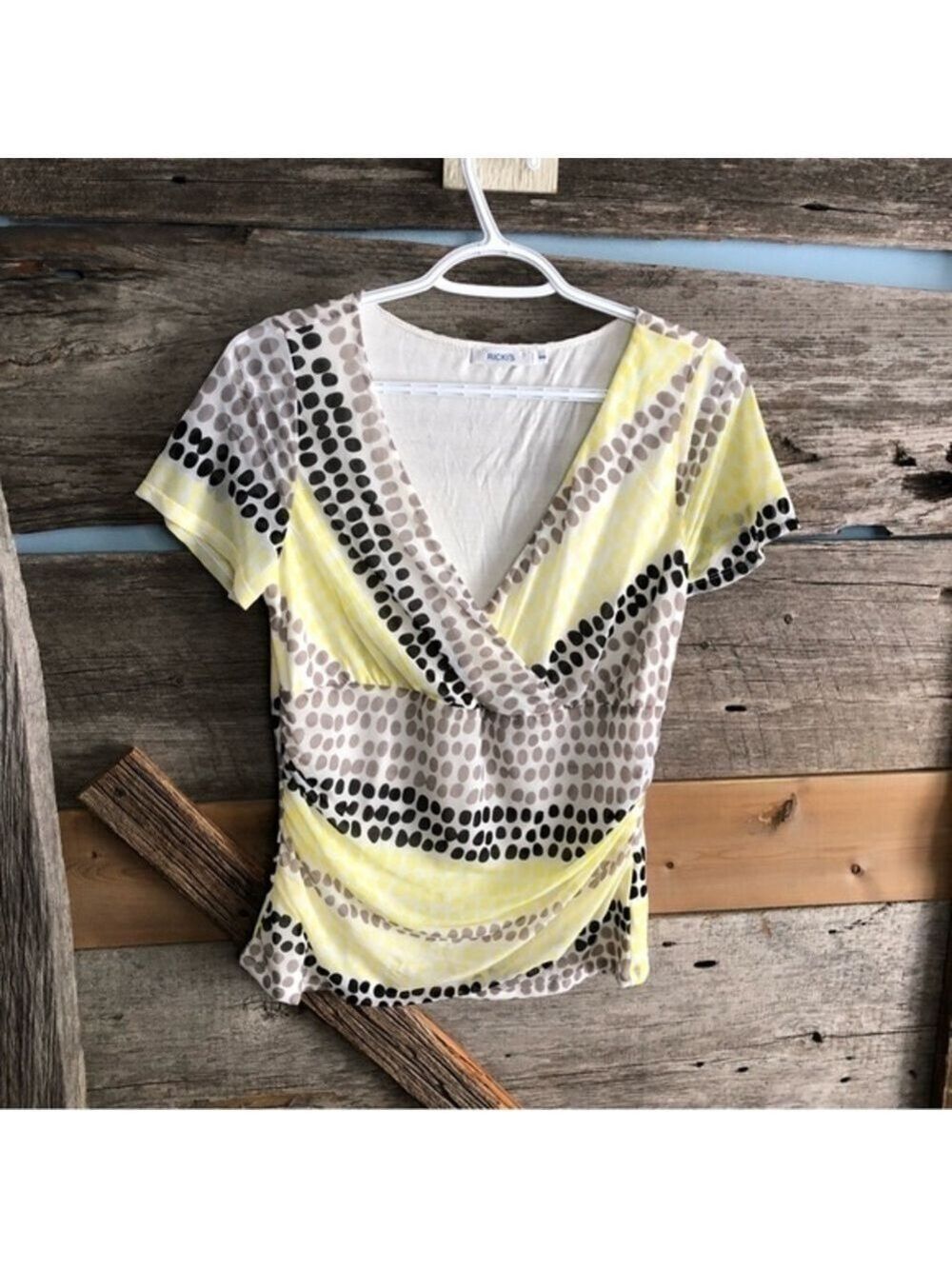 RICKI'S Size Med Yellow/Black/Grey Front Crossover Blouse